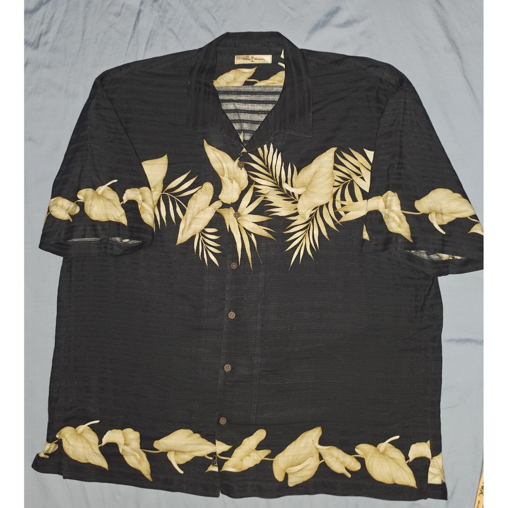 Tommy Bahama Silk Button Up Shirt Mens 2XL Black Gold Leaf Hawaiian Aloha